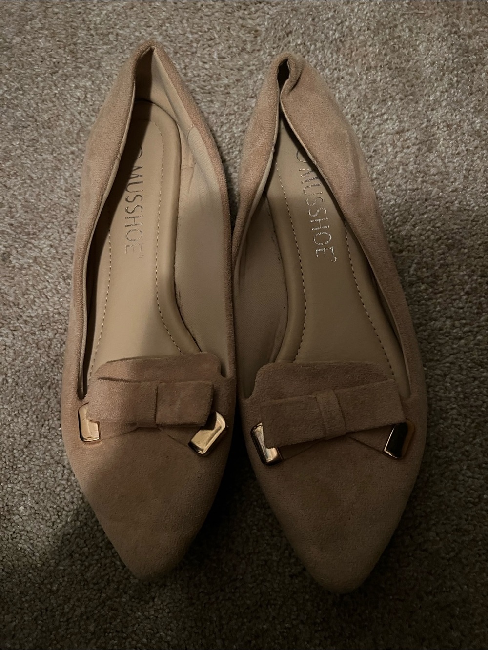 Taupe Pointed-Toe Bow Flats with Gold Accents